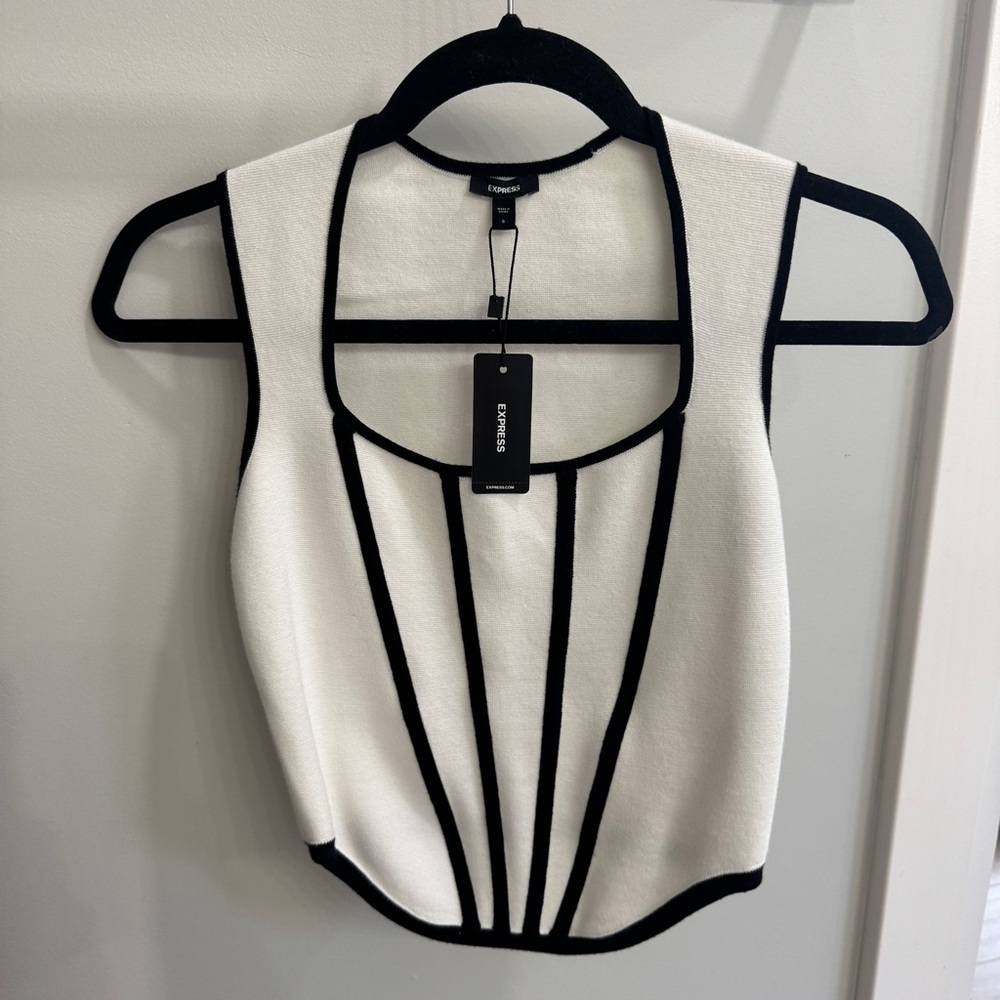 Express White Cropped Tank with Black Piping